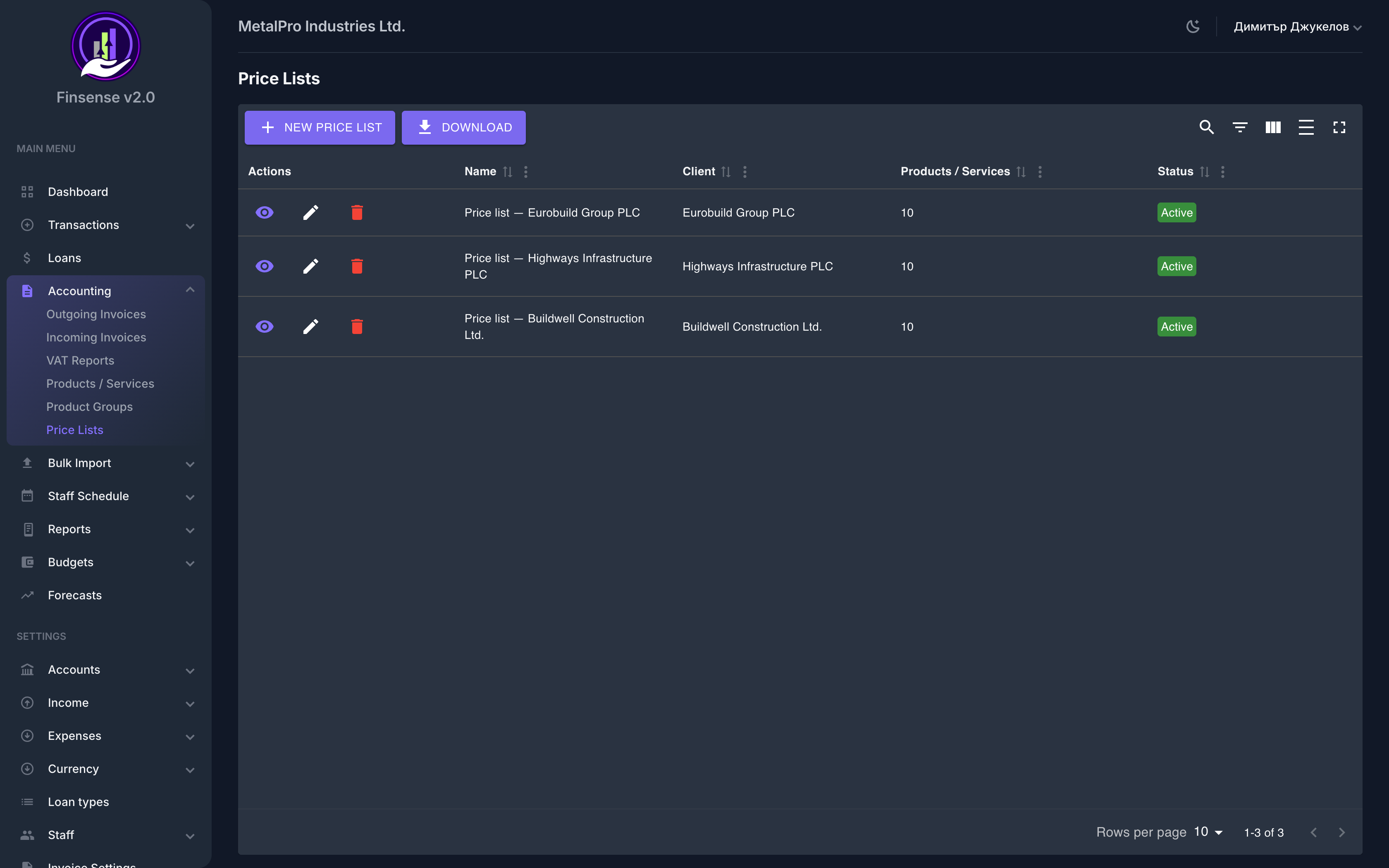 Price Lists — Finsense