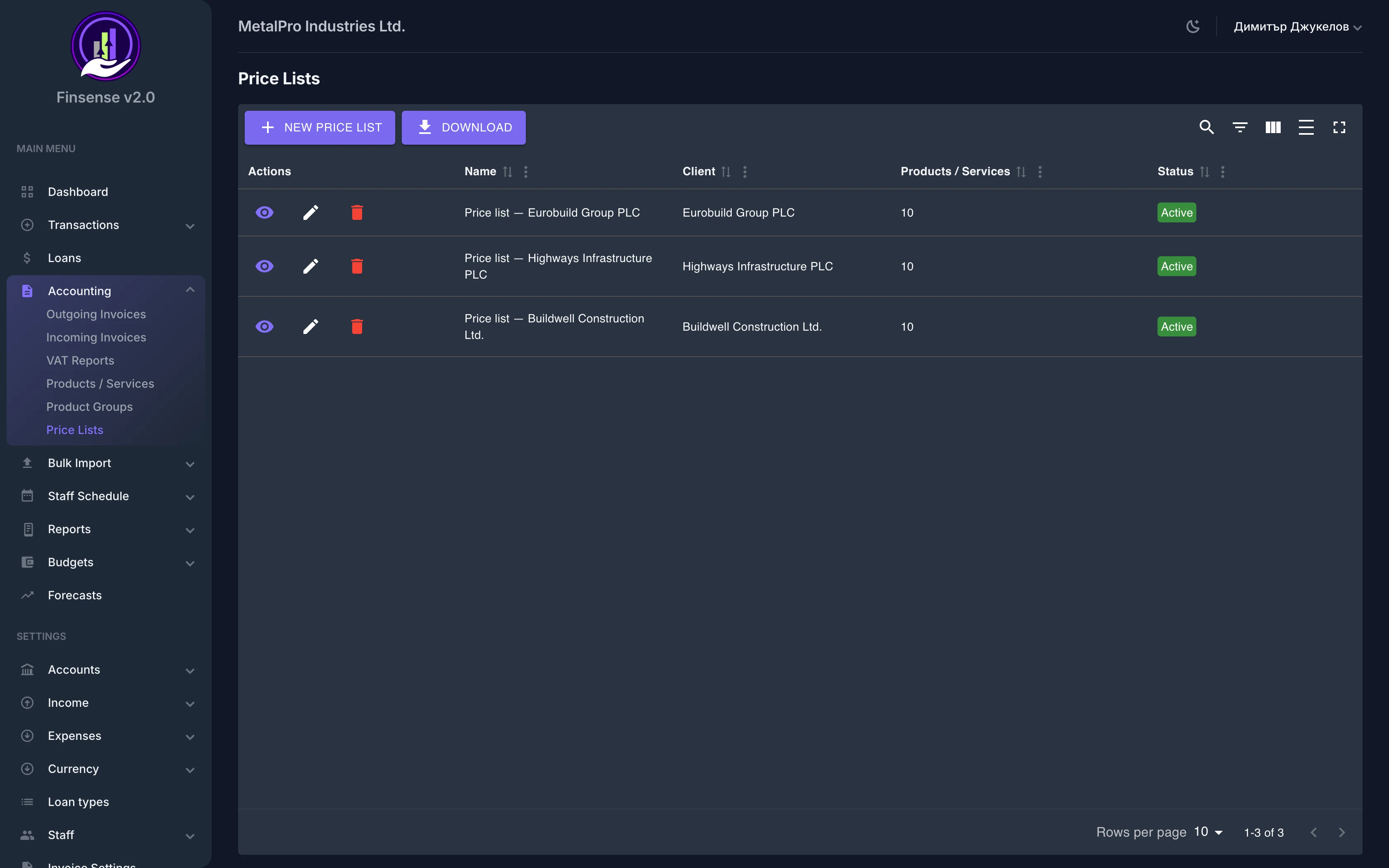 Price Lists — Finsense