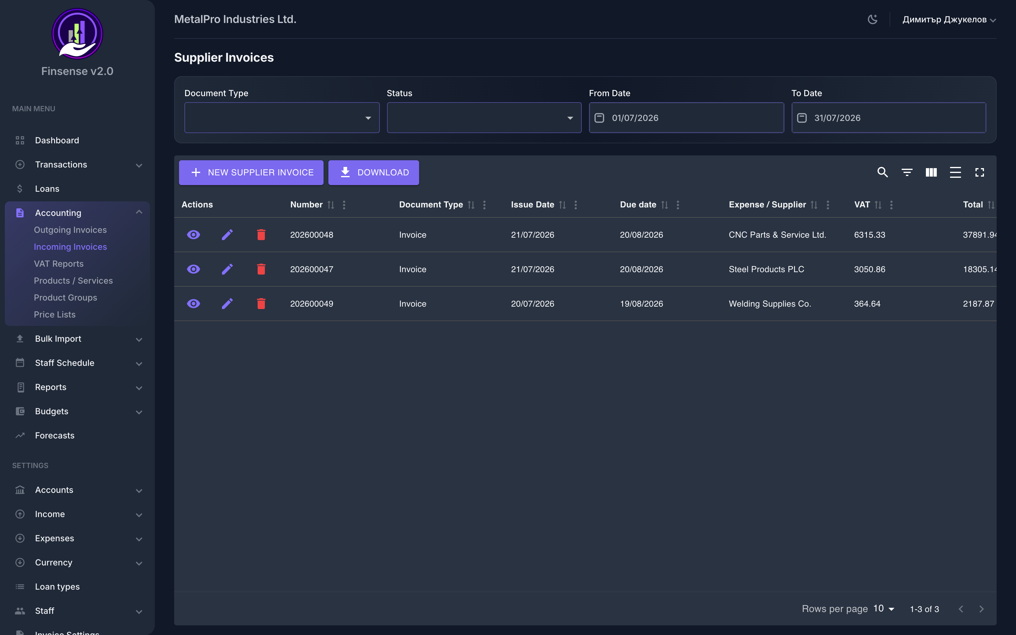 Supplier Invoices — Finsense