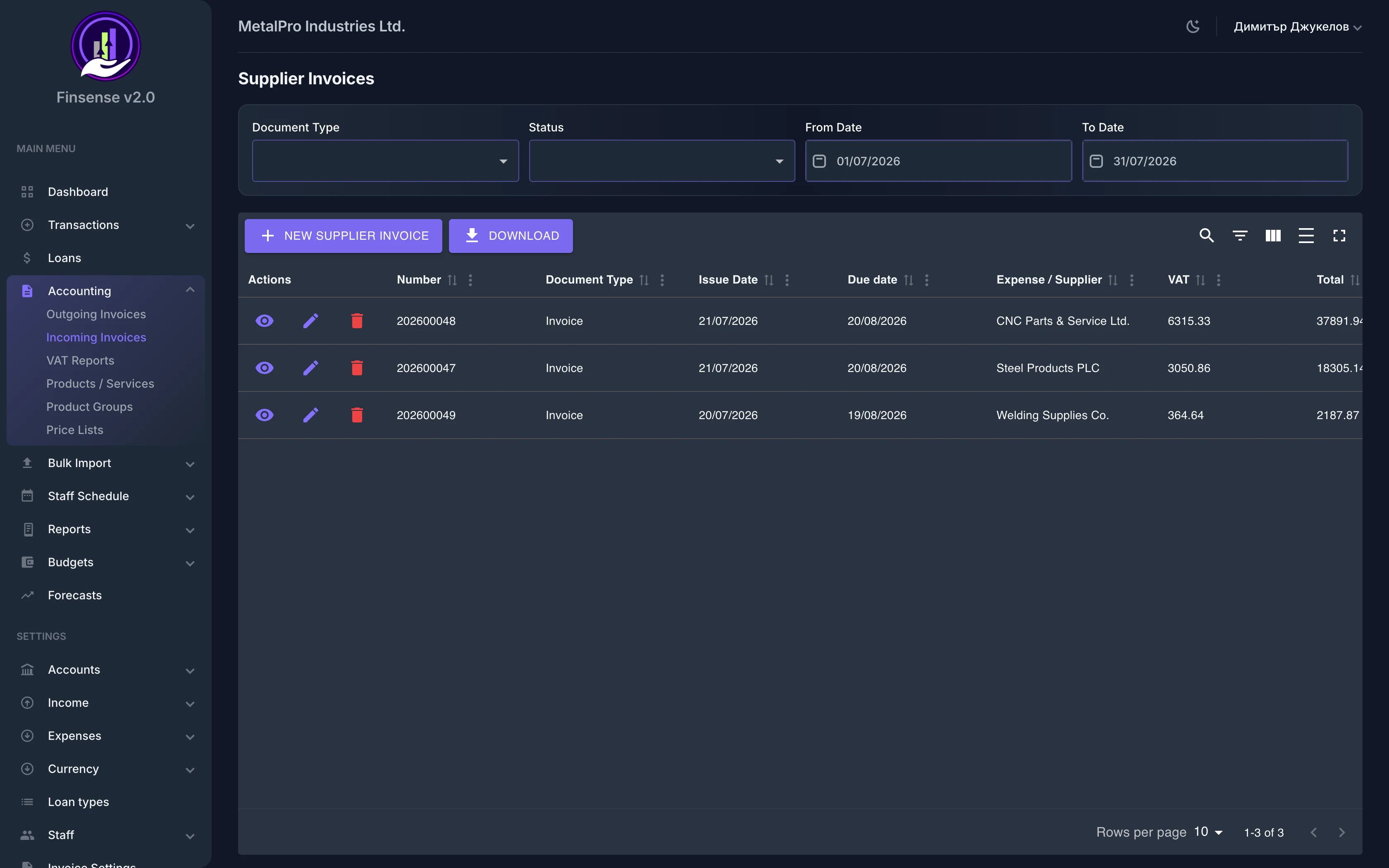 Supplier Invoices — Finsense