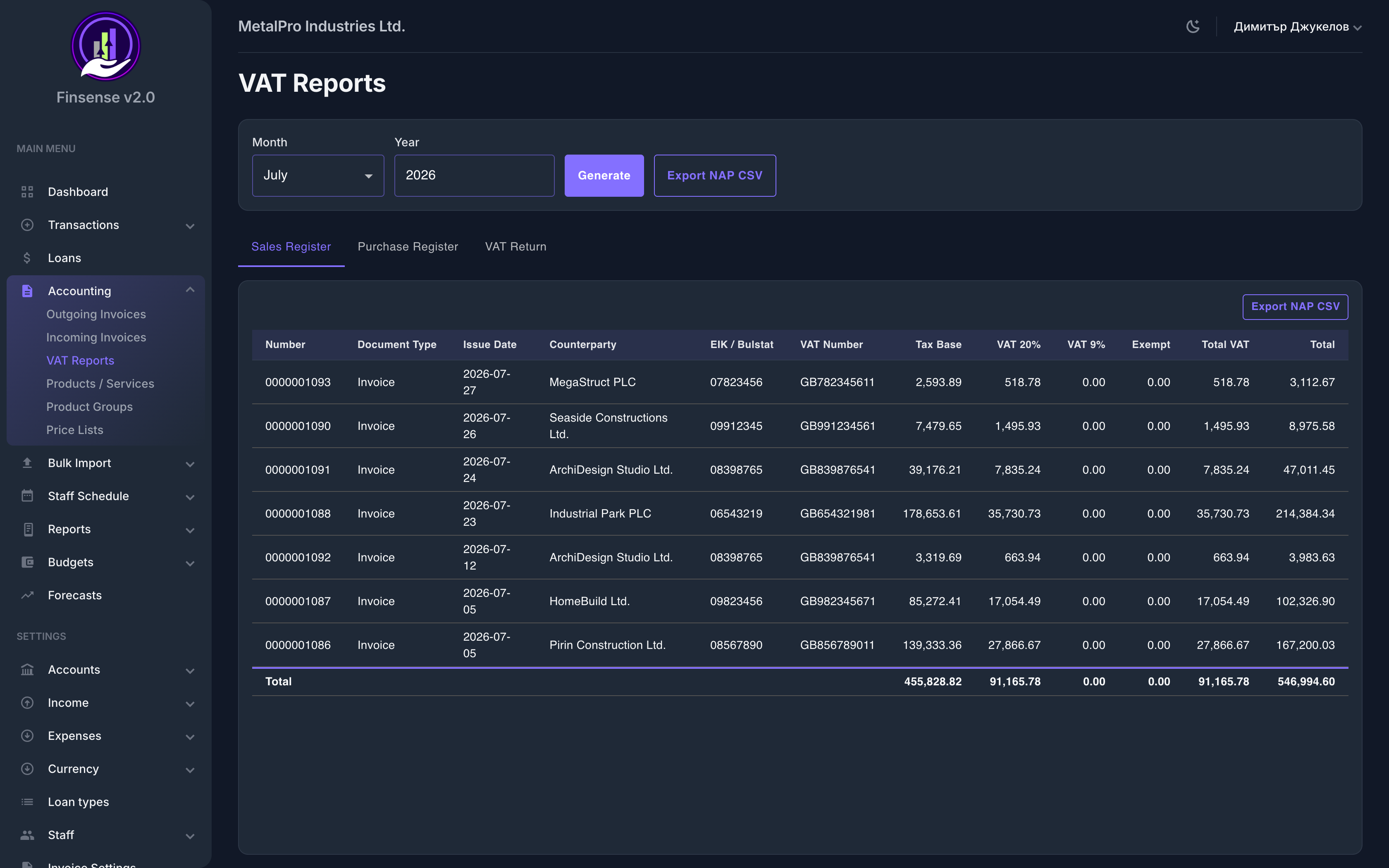 VAT & NRA — Finsense